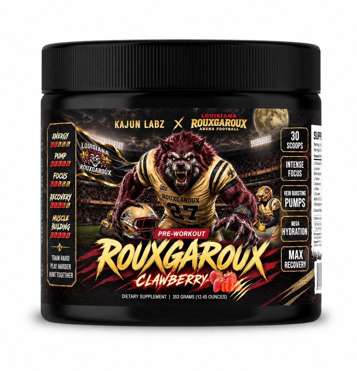Kajun Labz Rouxgaroux Clawberry strawberry pre-workout, Louisiana Rouxgaroux team edition